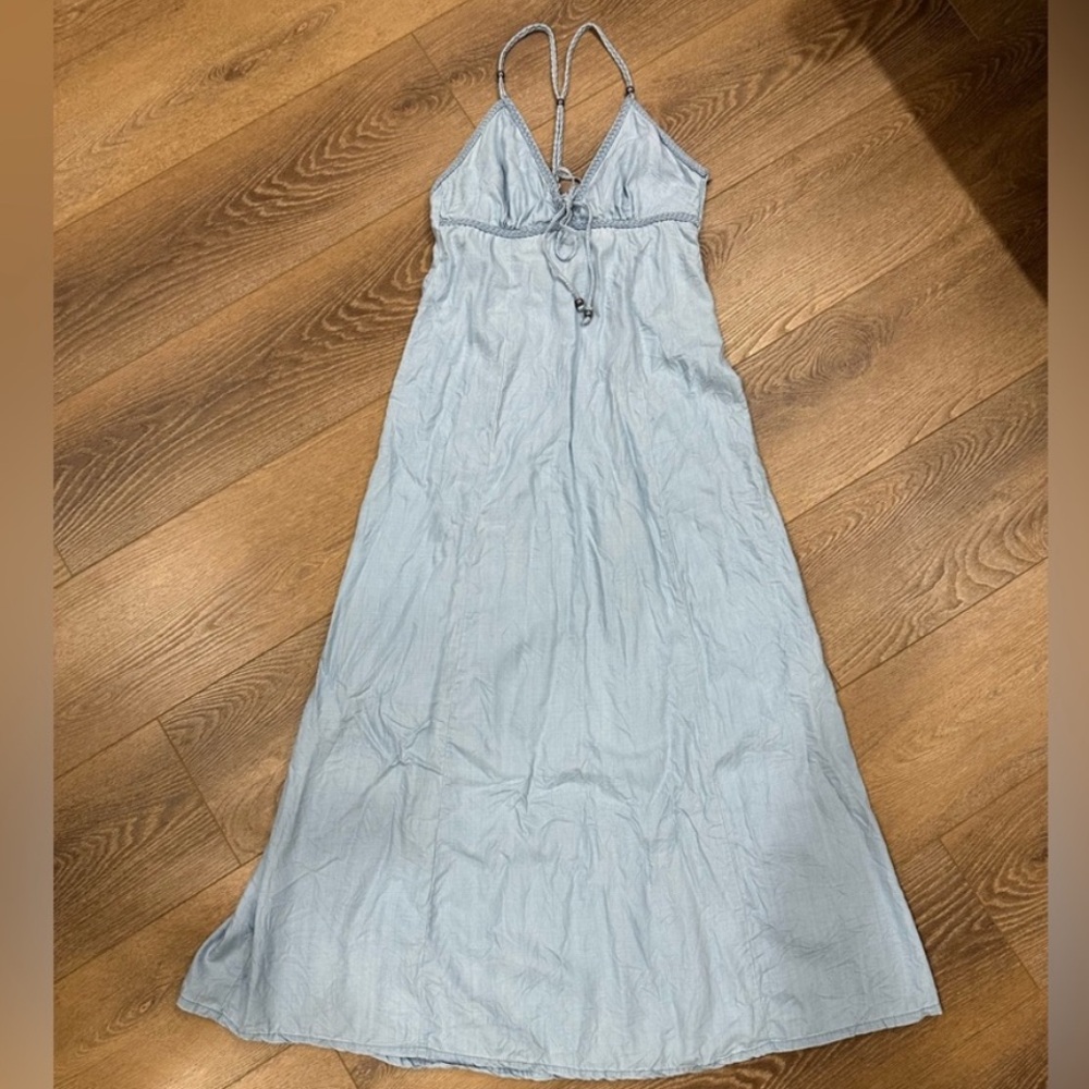 Guess Lyocell light blue maxi sundress with adjustable halter straps.